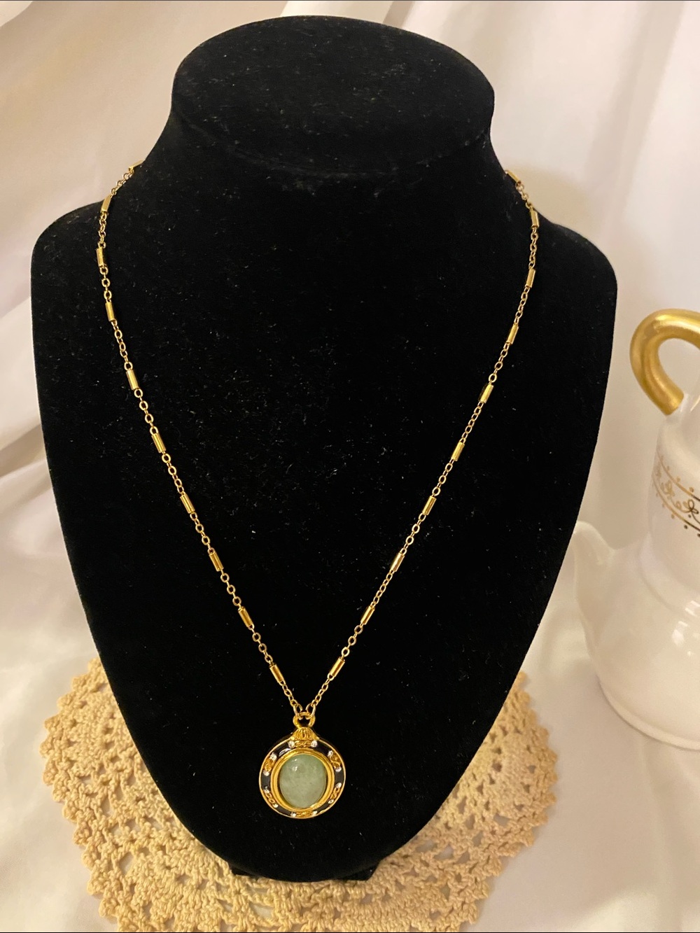 1928 Gold-Tone Necklace with Green Cabochon Pendant